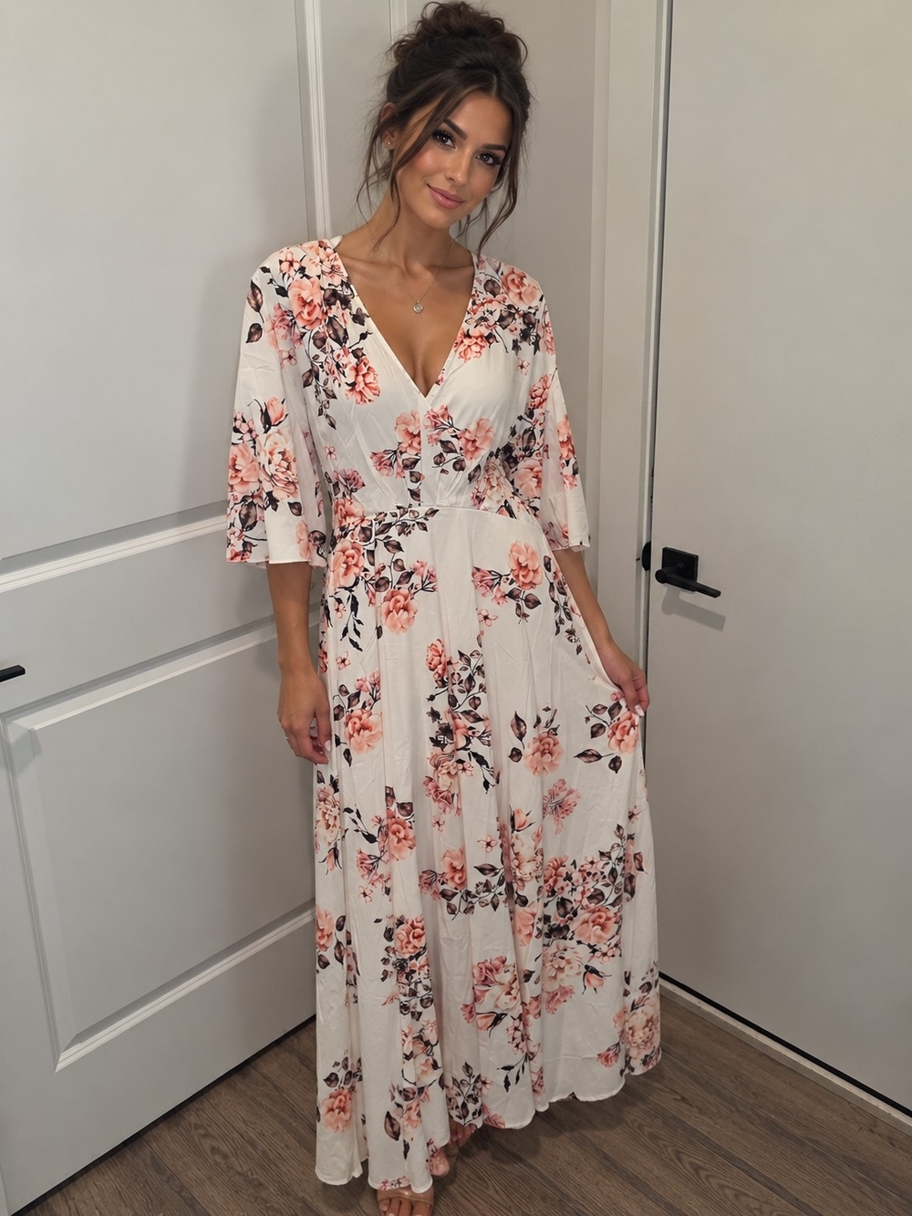 White Floral V-Neck Maxi Dress with Pink Roses